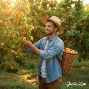 Un barbat care culege fructe de caise in livada