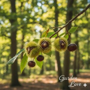 Castan, pomi fructiferi in livada Garden love, o crenguta cu castane