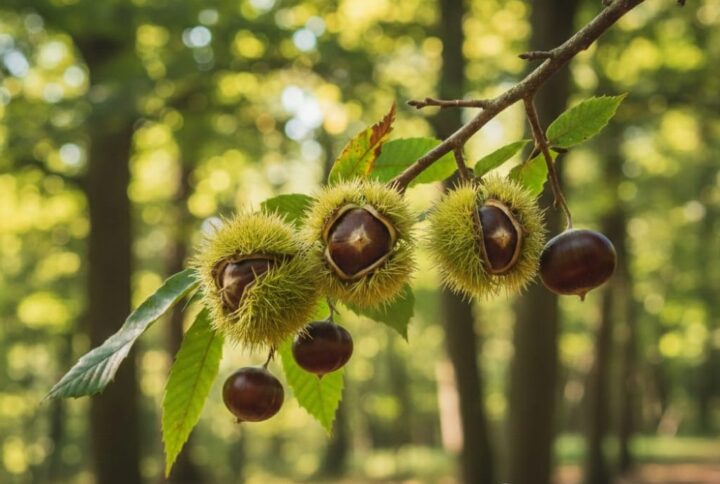 Castan, pomi fructiferi in livada Garden love, o crenguta cu castane