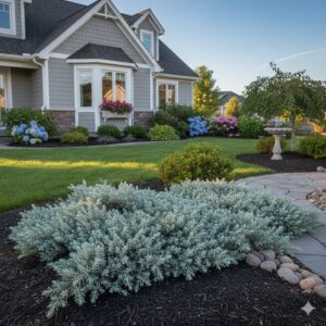 Ienupar tarator Icee Blue, pe o alee, in curtea unei case