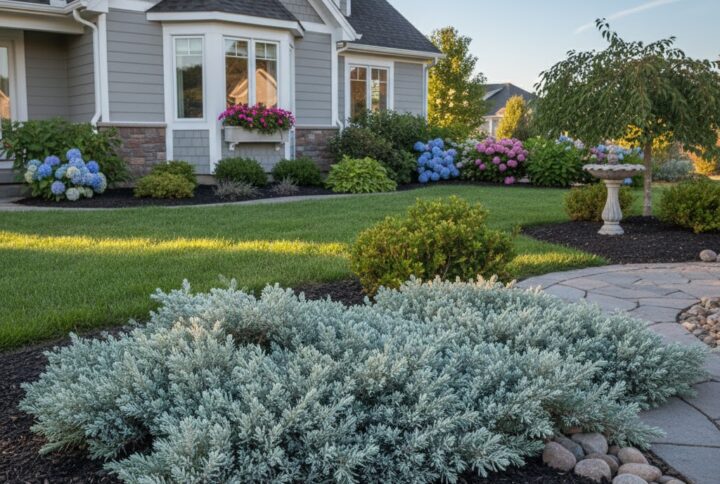 Ienupar tarator Icee Blue, pe o alee, in curtea unei case