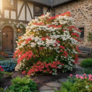 Tufa pieris japonica, inflorita, cu flori albe si frunze rosu si verde, in curtea unei case.