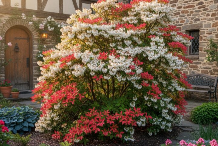 Tufa pieris japonica, inflorita, cu flori albe si frunze rosu si verde, in curtea unei case.