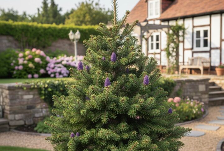 Brad corean pitic, cu cateva conuri albasttre, in curtea unei case