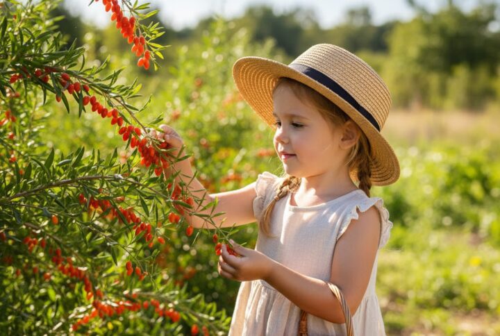 O fetita care culege fructe goji- arbusti fructiferi fructe mari portocalii