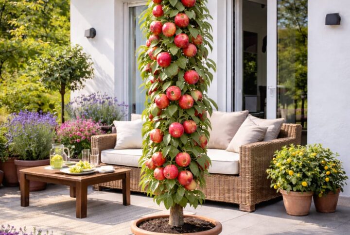 Mar columnar la ghiveci, soiul Sensation, cu mere rosii. De la garden Love. Cu fructe coapte pe terasa sau balconul unei case, inconjurat de flori