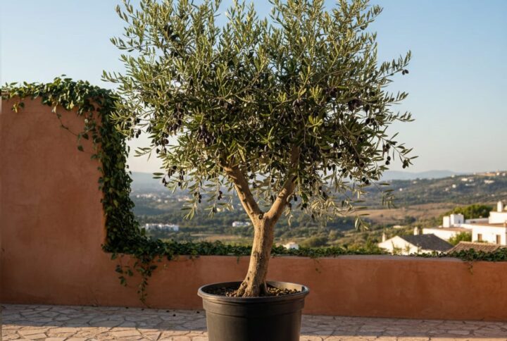 pom fructifer, maslin Garden Love, in ghiveci, pe o terasa