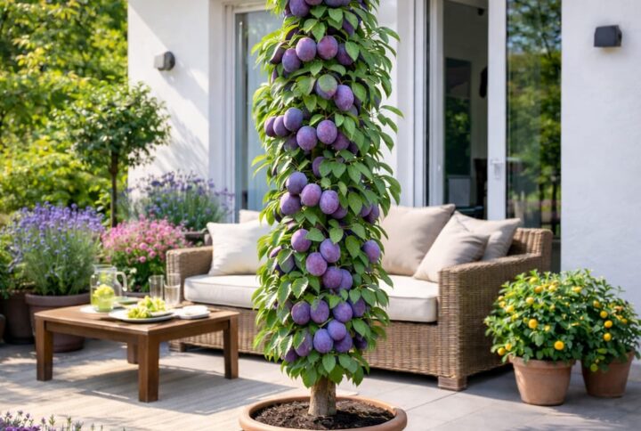 Prun columnar la ghiveci, de la Garden love, cu fructe mari si coapte, pe terasa unei case. Inconjurat de ghivece cu flori.