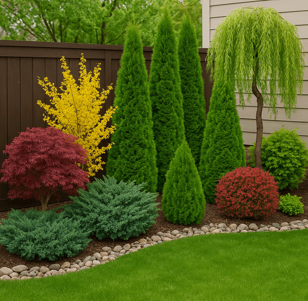 Imagine de prezentare pentru amenajarea curții interioare cu Tuia Smarald, Ienupăr, Forsythia galbenă, Arțar Japonez roșu și Salcie Japoneză decorativă