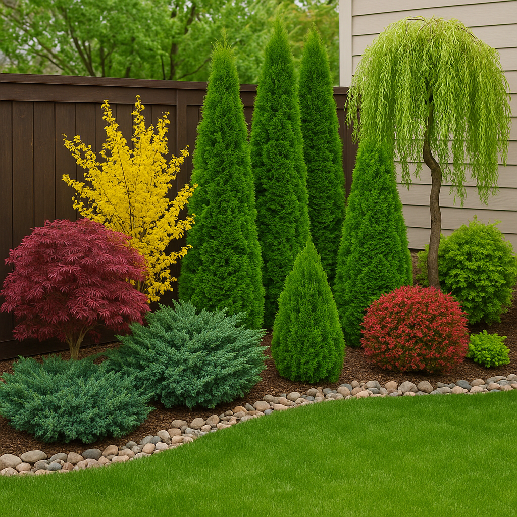 Imagine de prezentare pentru amenajarea curții interioare cu Tuia Smarald, Ienupăr, Forsythia galbenă, Arțar Japonez roșu și Salcie Japoneză decorativă