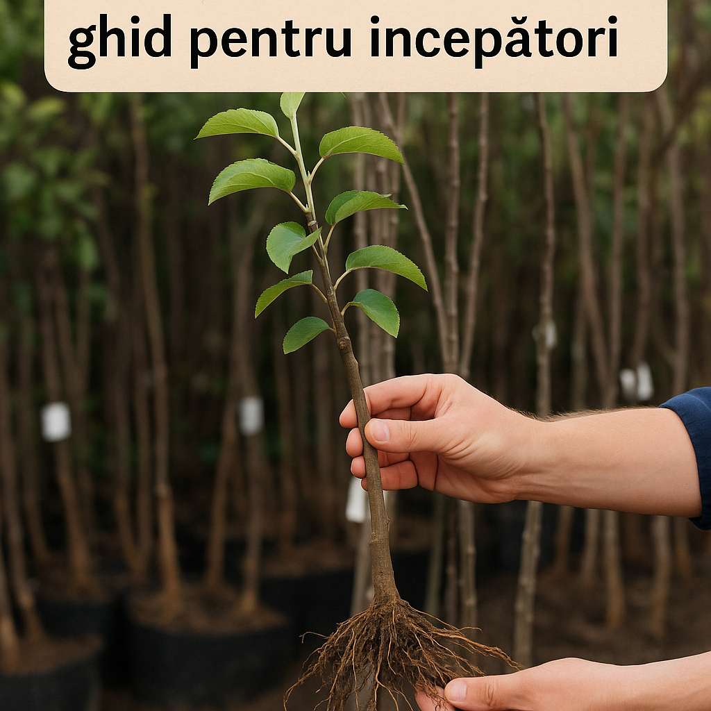 Persoană care alege un pom fructifer altoit cu rădăcină vizibilă, reprezentând ghid pentru începători