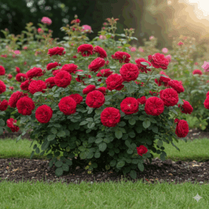Trandafir Teahibrid Tufă Roșu cu flori roșii mari, parfum intens și tufă compactă, ideal pentru grădini și aranjamente florale