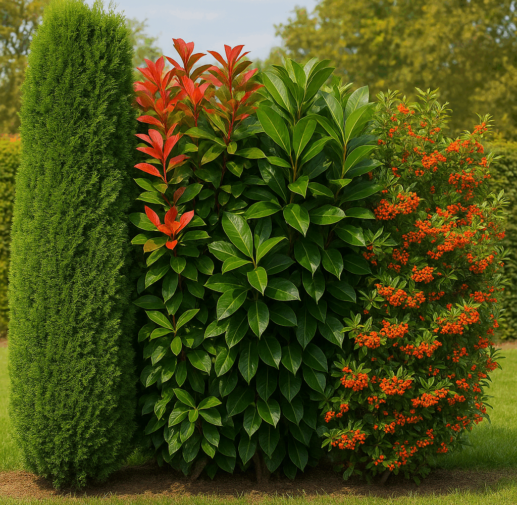 Gard viu format din arbuști ornamentali – tuia, photinia, laur englezesc și pyracantha cu fructe roșii