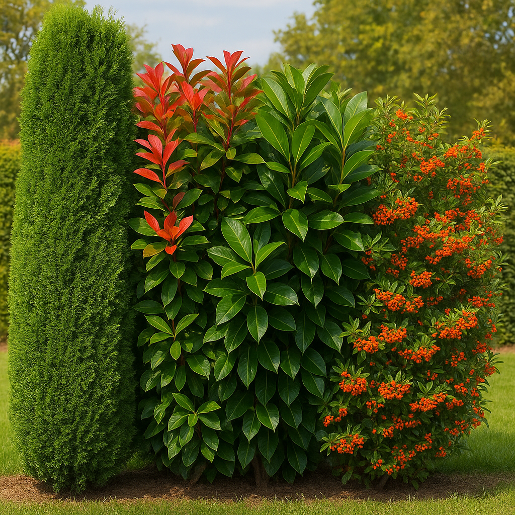 Gard viu format din arbuști ornamentali – tuia, photinia, laur englezesc și pyracantha cu fructe roșii