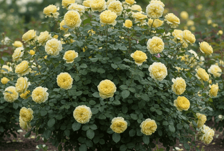 Trandafir David Austin Tufă Verde Lemon cu flori duble, nuanțe verzi-gălbui și parfum plăcut, ideal pentru grădini și aranjamente florale