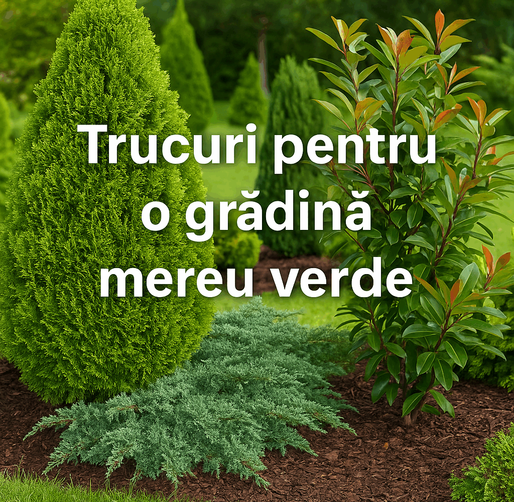 Grădină mereu verde cu tuia, photinia și ienupăr târâtor