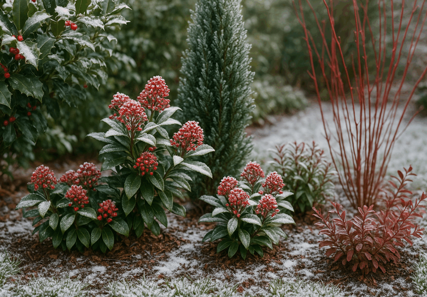 Arbuști ornamentali rezistenți la ger – ilex cu bobițe roșii, skimmia și ienupăr iarna