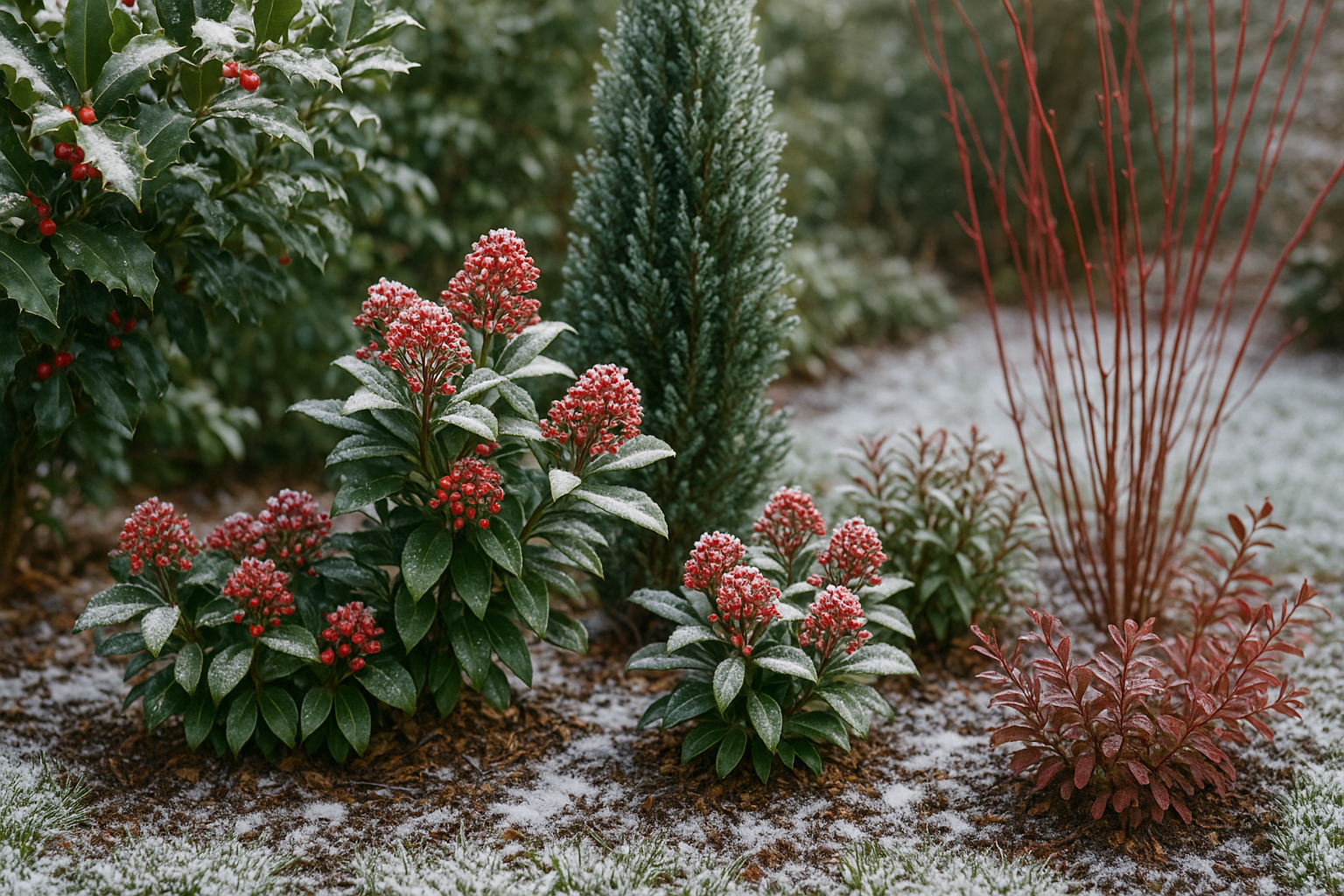 Arbuști ornamentali rezistenți la ger – ilex cu bobițe roșii, skimmia și ienupăr iarna