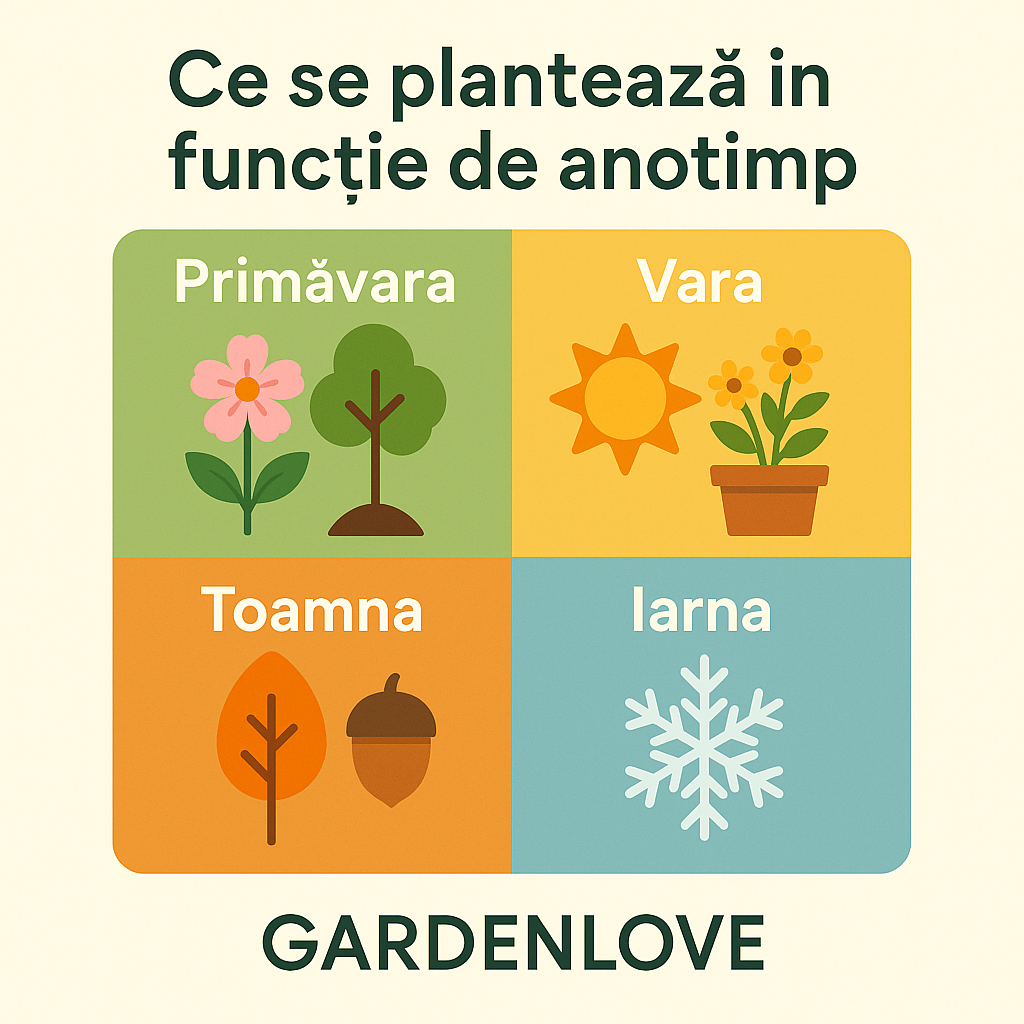 Ce se plantează în funcție de anotimp – imagine reprezentativă GardenLove cu anotimpuri și plante specifice primăverii, verii, toamnei și iernii.