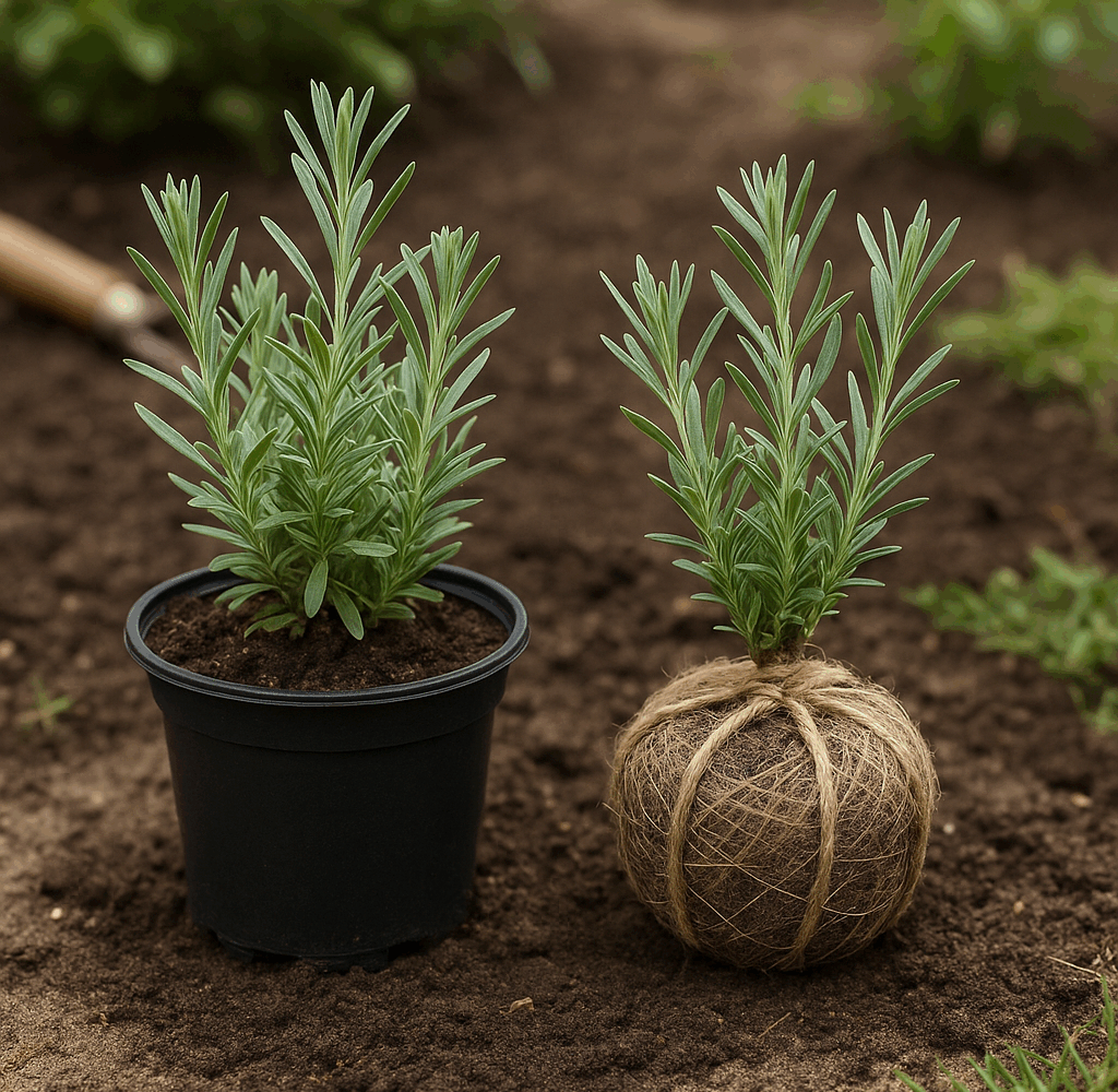 diferența între plante la ghiveci și plante cu rădăcină împachetată – exemplu vizual GardenLove