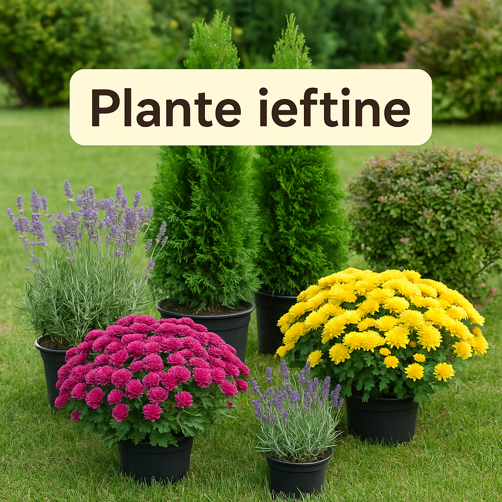 plante ieftine – crizanteme, tuia și lavandă în curte amenajată
