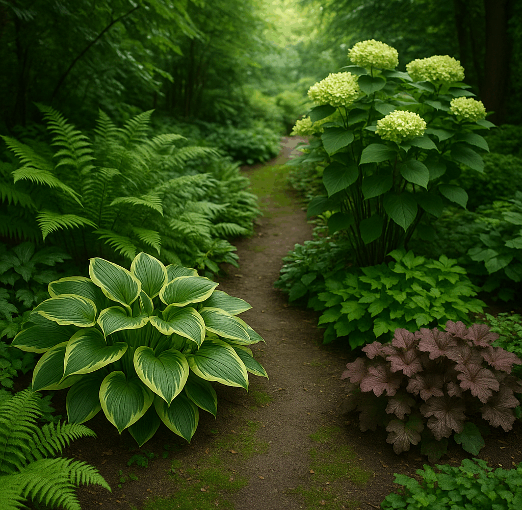 plante pentru umbră în grădină – hosta, ferigi, heuchera și hortensie pe alee umbrită