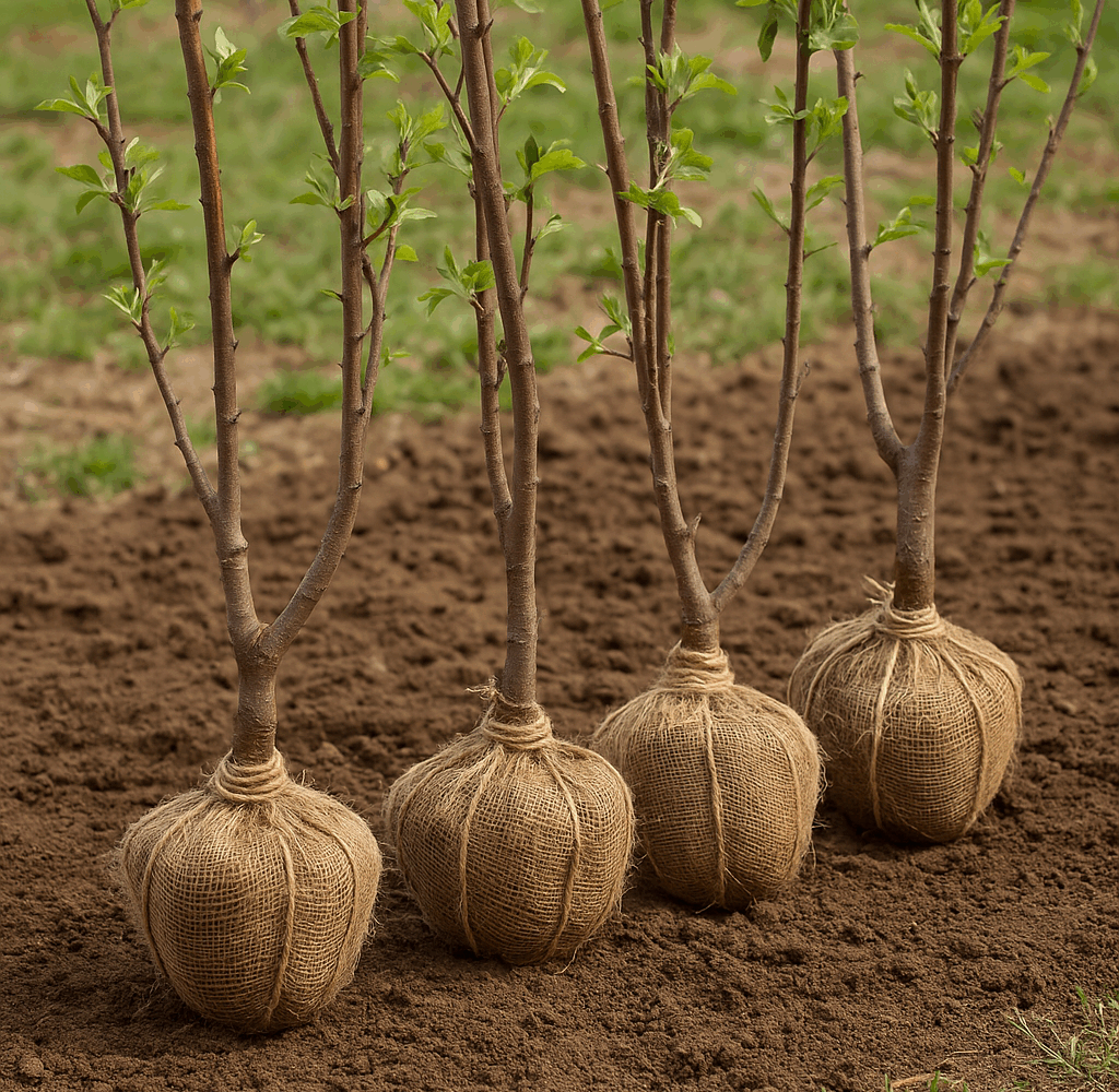 Pomi fructiferi cu rădăcină împachetată pregătiți pentru plantare în grădină