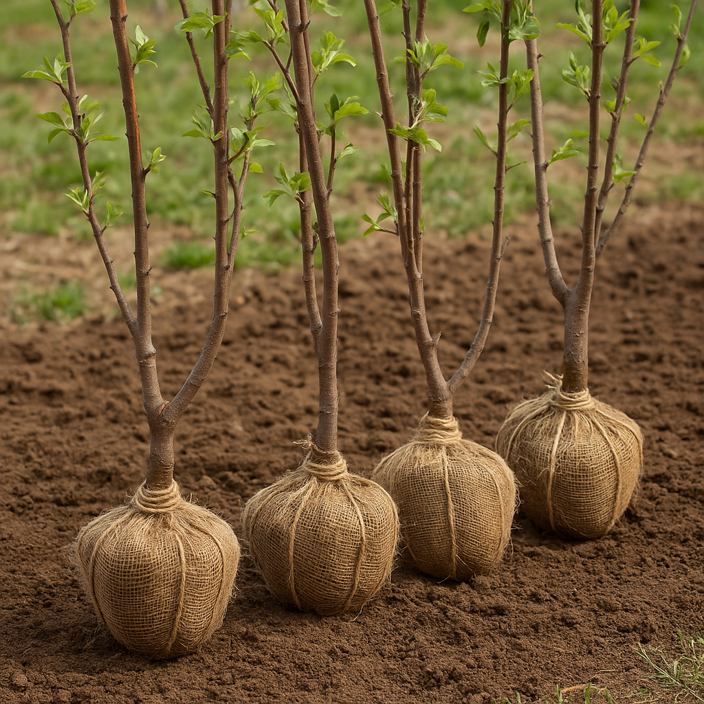 Pomi fructiferi cu rădăcină împachetată pregătiți pentru plantare în grădină