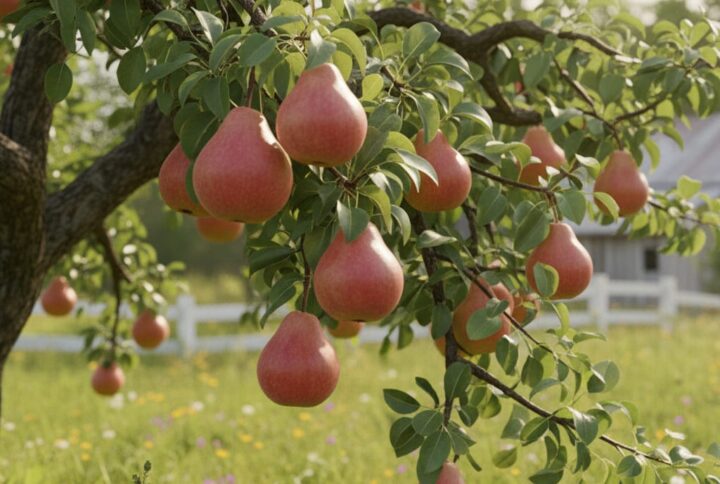 Fruct de Păr cu miez roșu secționat