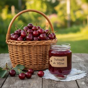 Cos cu visine Crisana, alaturi de un borcan cu dulceata de visne Crisana de la Garden Love