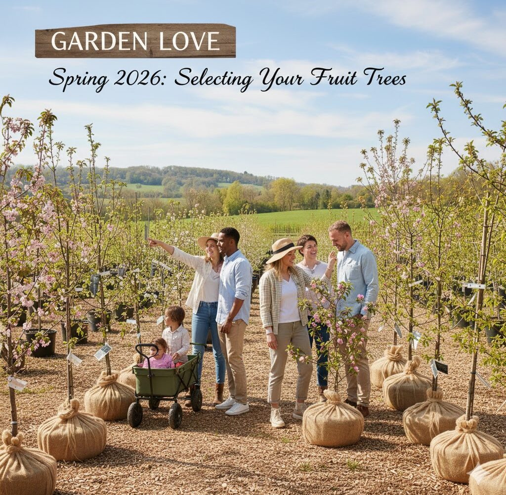 Familii in livada de pomi fructiferi. care aleg pomii pentru primavara 2026