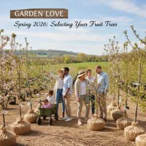 Familii in livada de pomi fructiferi. care aleg pomii pentru primavara 2026