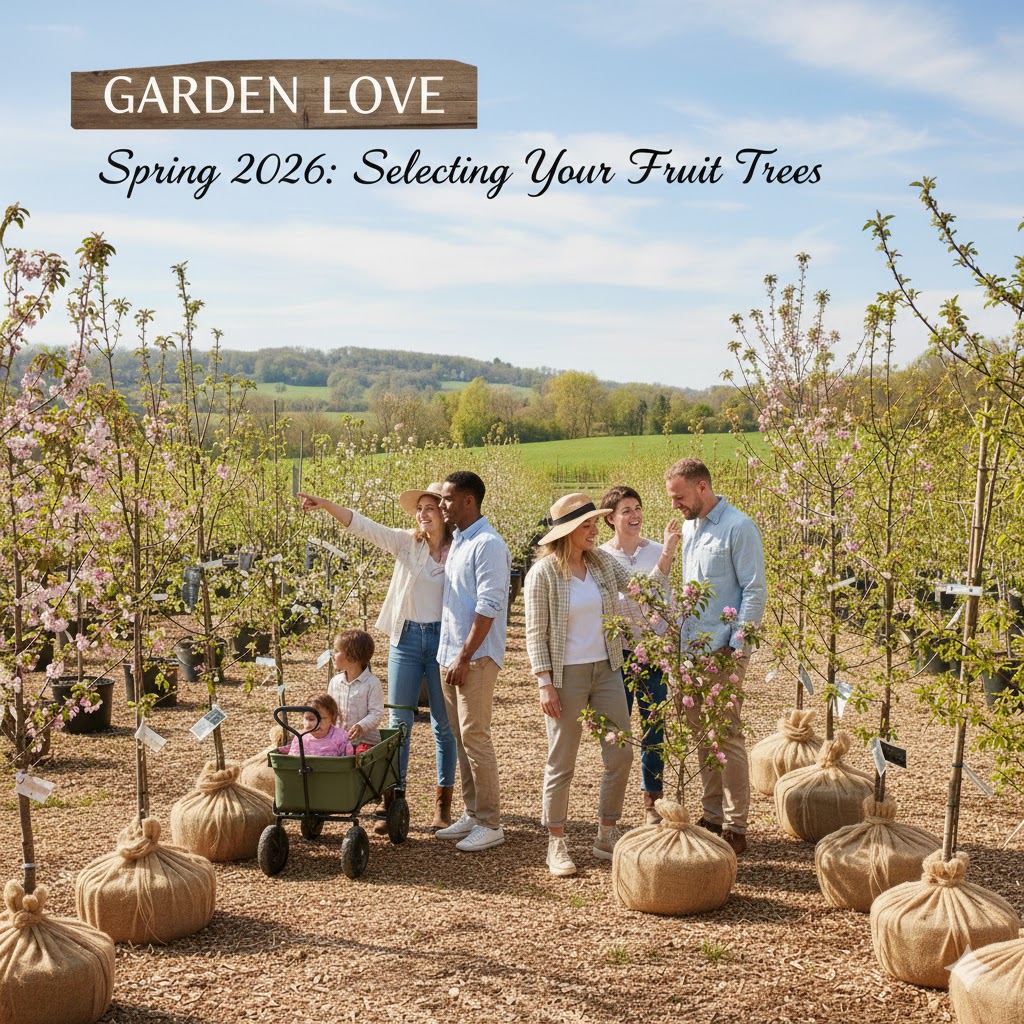 Familii in livada de pomi fructiferi. care aleg pomii pentru primavara 2026