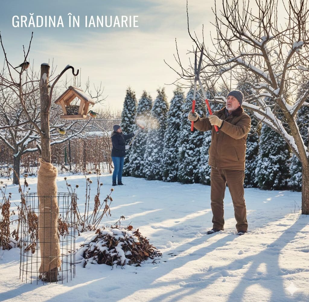 Un barbat care curata pomii si plantele din gradina in luna ianuarie