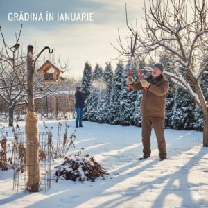 Un barbat care curata pomii si plantele din gradina in luna ianuarie