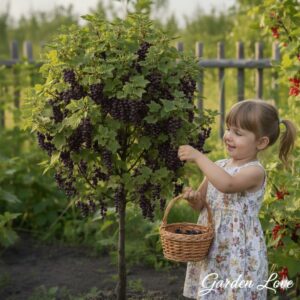 Fetita draguta care culege coacaze din coacaz negru pomisor de la Garden Love