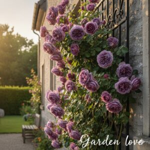 Trandafir Mov catarator, de la garden Love, care acopera un perete de piatra