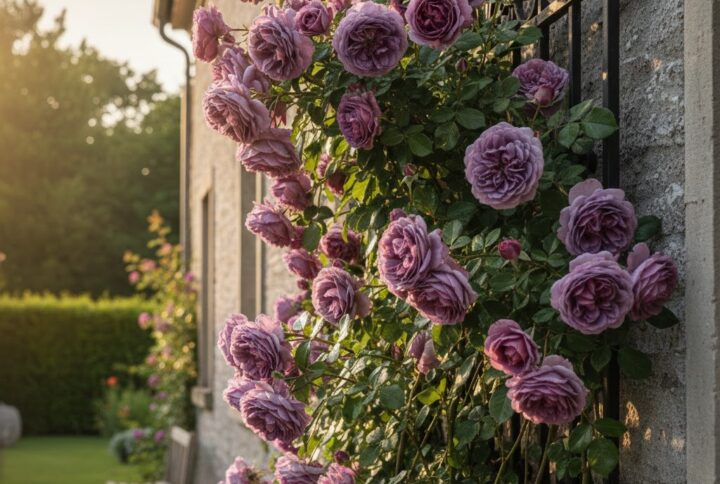 Trandafir Mov catarator, de la garden Love, care acopera un perete de piatra