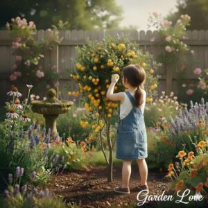 Agris galben pomisor cu fetita care culege fructe