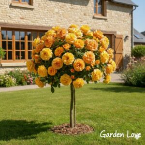 Trandafir bicolor, galben si portocaliu pe aceeasi tija, in gradina