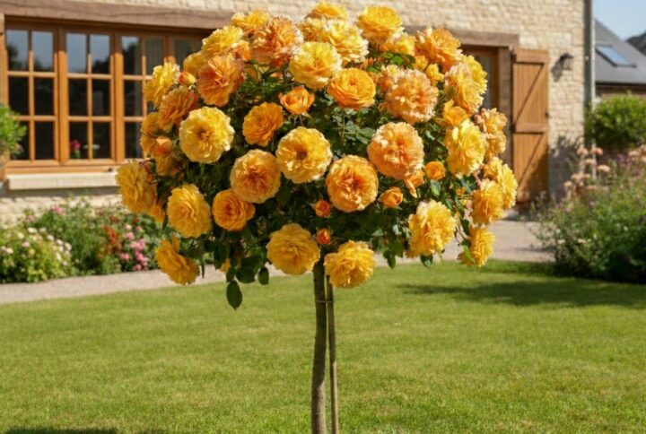 Trandafir bicolor, galben si portocaliu pe aceeasi tija, in gradina