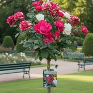 Trandafir pomisor Bicolor rosu si alb, infloriti in gradina