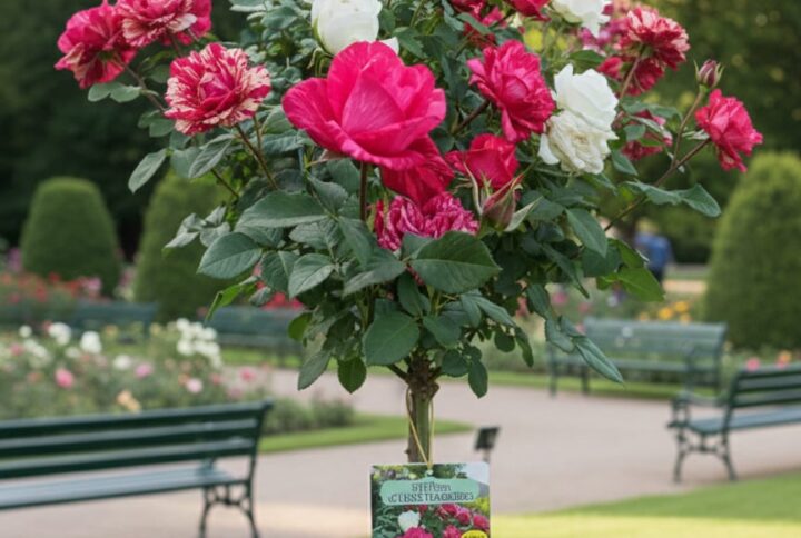 Trandafir pomisor Bicolor rosu si alb, infloriti in gradina