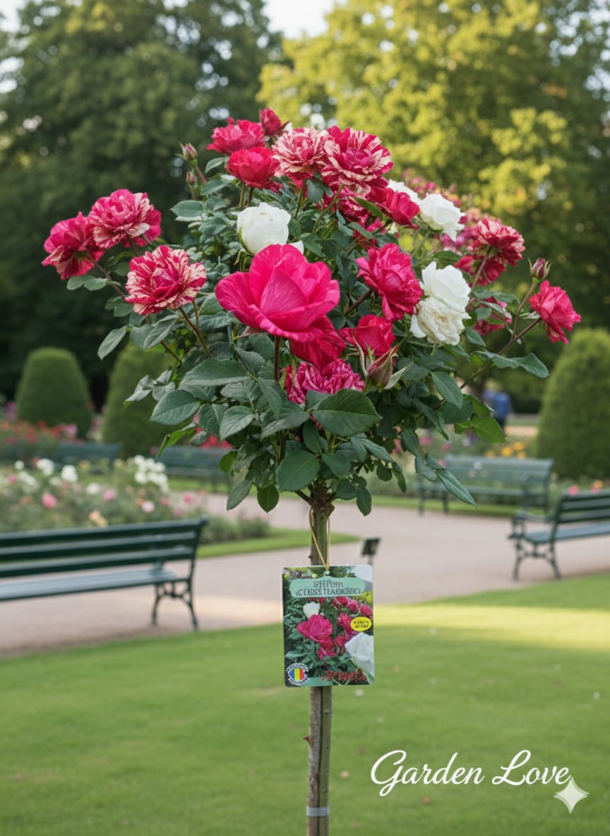 trandafir bicolor rosu cu alb pomisor