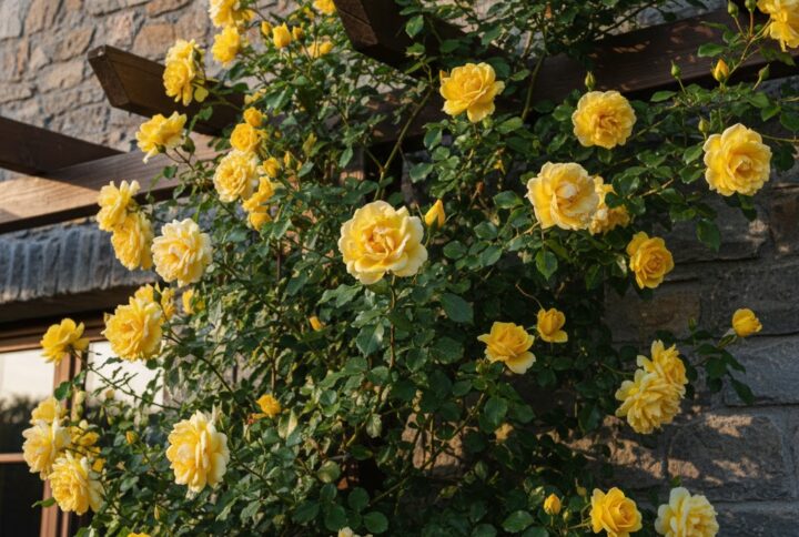 trandafir galben catarator. trandafir galben parfumat de la Garden love, extins pe un suport din lemn