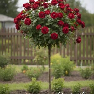 Trandafir rosu pomisor, inflorit, in gradina