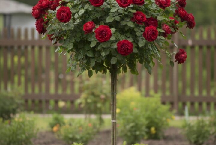 Trandafir rosu pomisor, inflorit, in gradina