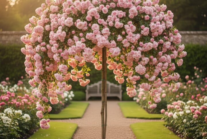 Trandafir Pomisor Curgator Roz, intr-o curte amenajata placut.