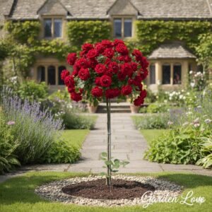 Trandafir pomisor rosu ingrid, in gradina, inflorit spectaculos