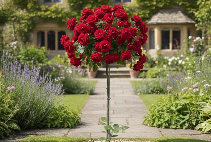 Trandafir pomisor rosu ingrid, in gradina, inflorit spectaculos
